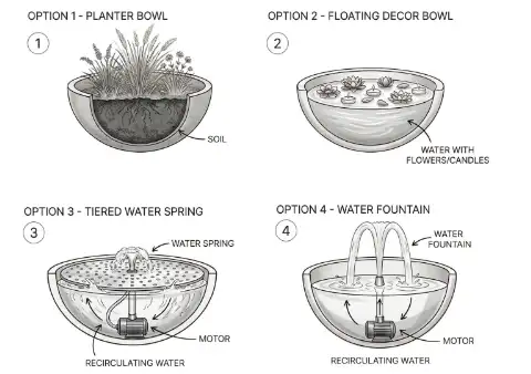 Four ways to use the bowl: planter bowl, floating decor bowl, tiered water spring, water fountain